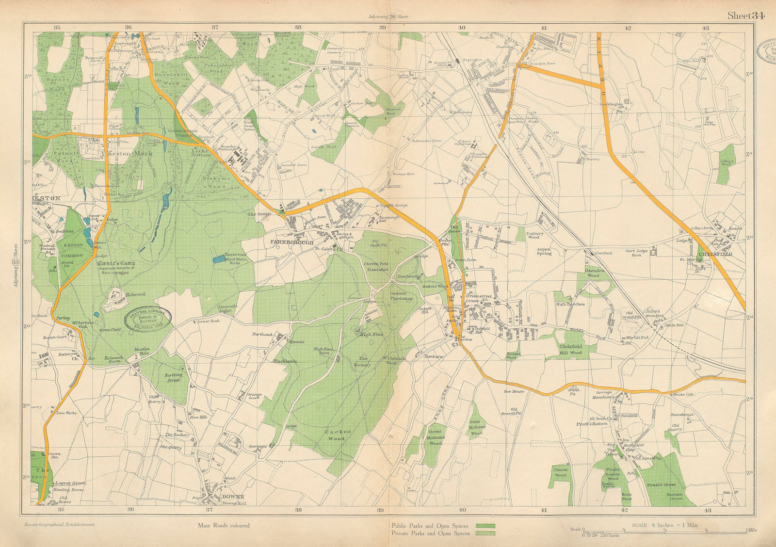 ORPINGTON Keston Farnborough Mark Pratt's Bottom Chelsfield. BACON 1934 map